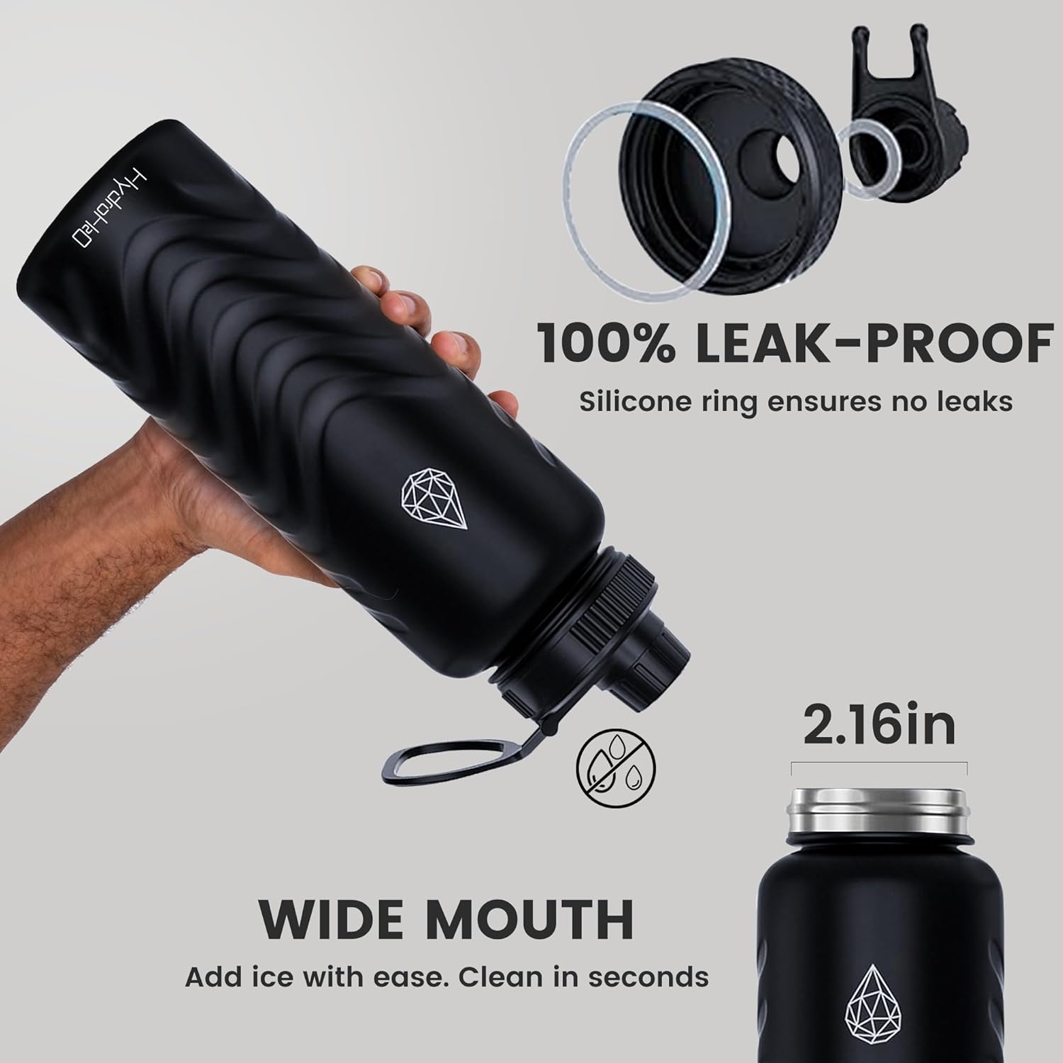 HYDRO H2O 24oz Stainless Steel Insulated Water Bottle, 48H Cold & 24H Hot, Leak-Proof Wide Mouth Lids (Straw & Spout), BPA-Free Bottles, Mens Water Bottle for Gym, Hiking, Travel - Black