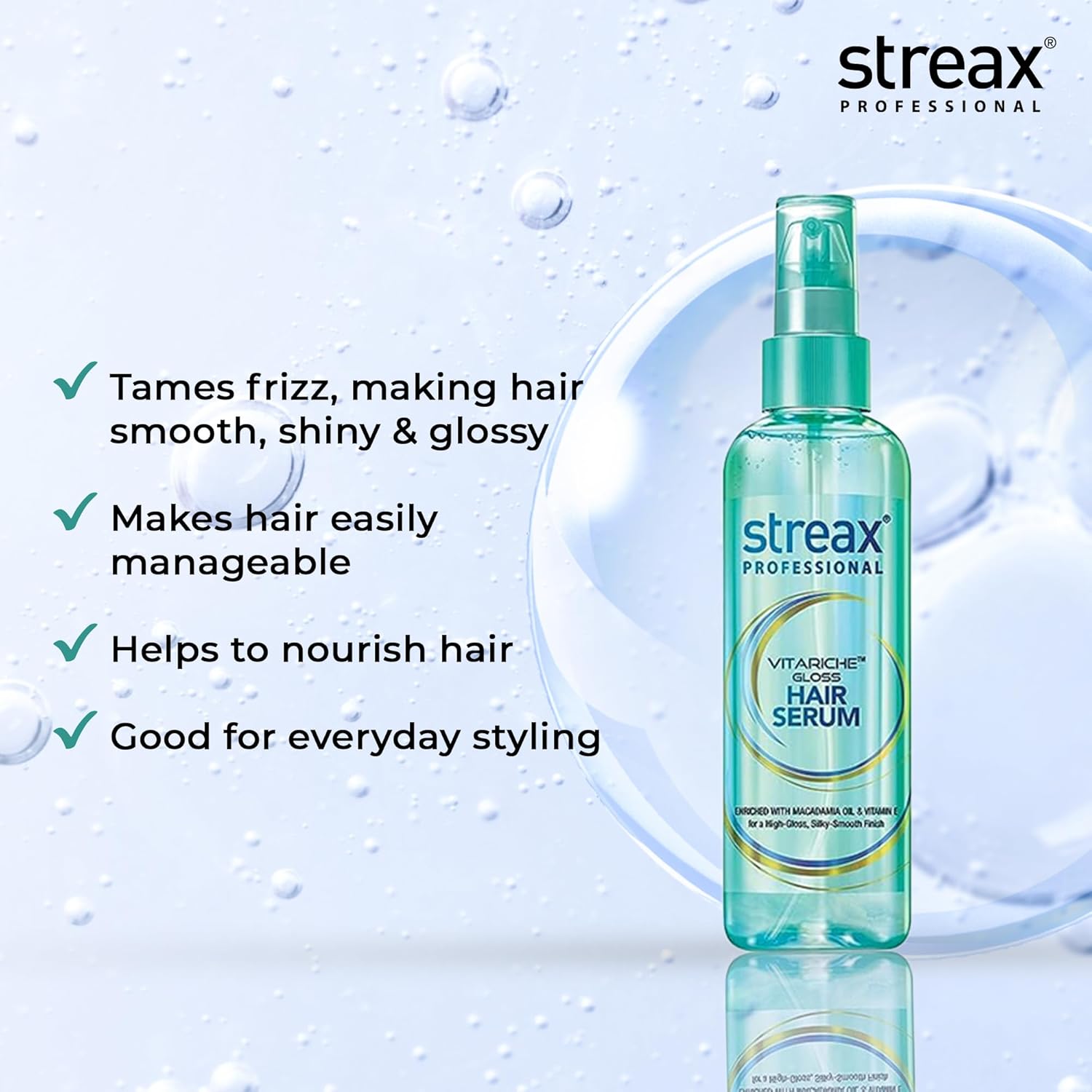 Streax Professional Vitariche Gloss Hair Serum, 200ml|for Dry Frizzy Hair|for Women|Enhance Shine and Smoothness, Anti Frizz |With Vitamin E & Macadamia Oil| For Curly Hair, Straight Hair, Wavy Hair