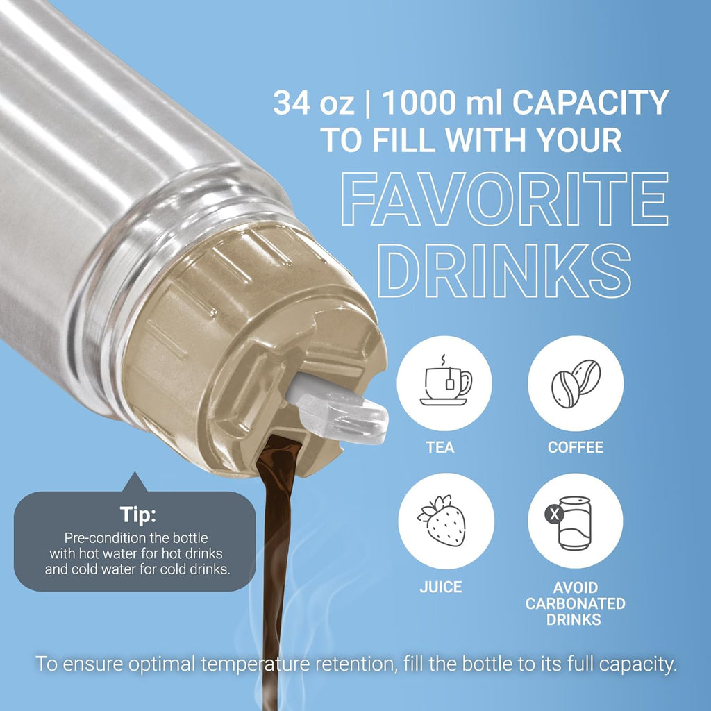 Milton Glassy 1000 Thermosteel Vacuum Insulated Double Walled Flask with Drinking Cup lid & Jacket, 1000 ml Water Bottles,24 Hours Hot & Cold,Easy to Carry,Rust Proof, Tea, Coffee,Travel Bottle,Grey