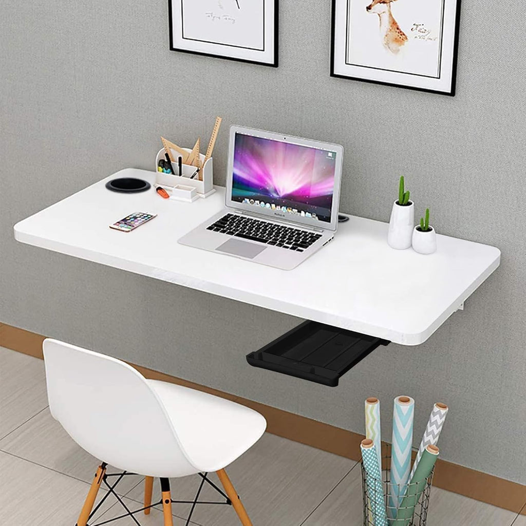 QARA (31 x 18.5 inches Wood Wall Mounted Round Corner Folding Wall Study Table with Cup Holder | Wall Mount Table with Drawer | Foldable Laptop Desk for Home and Office Computer- White
