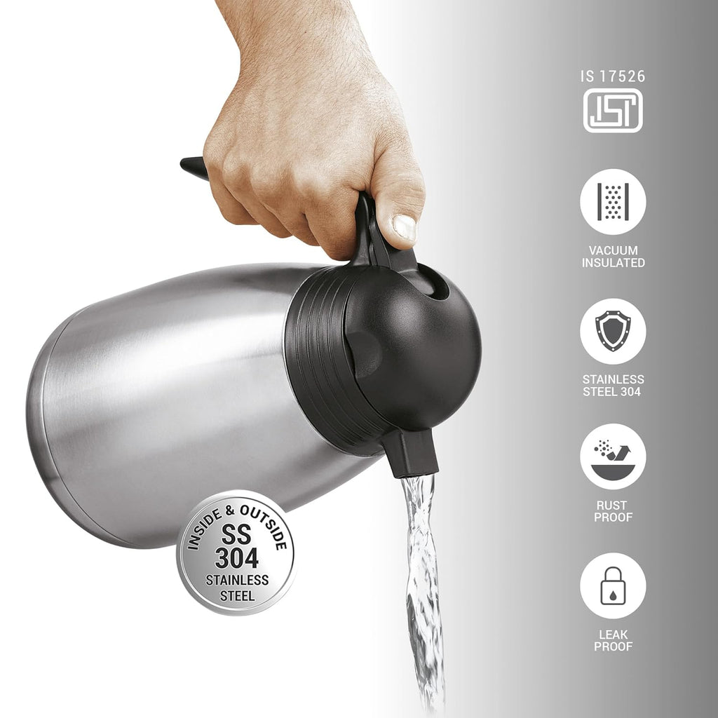 Milton Carafe 1500 Stainless Steel Double Walled Vacuum Insulated Flask with Lid and Handle, 1460 ml, Silver, Coffee/Tea Carafe Heat & Cold Retention, Leak Proof, Rust Free, Easy to Carry