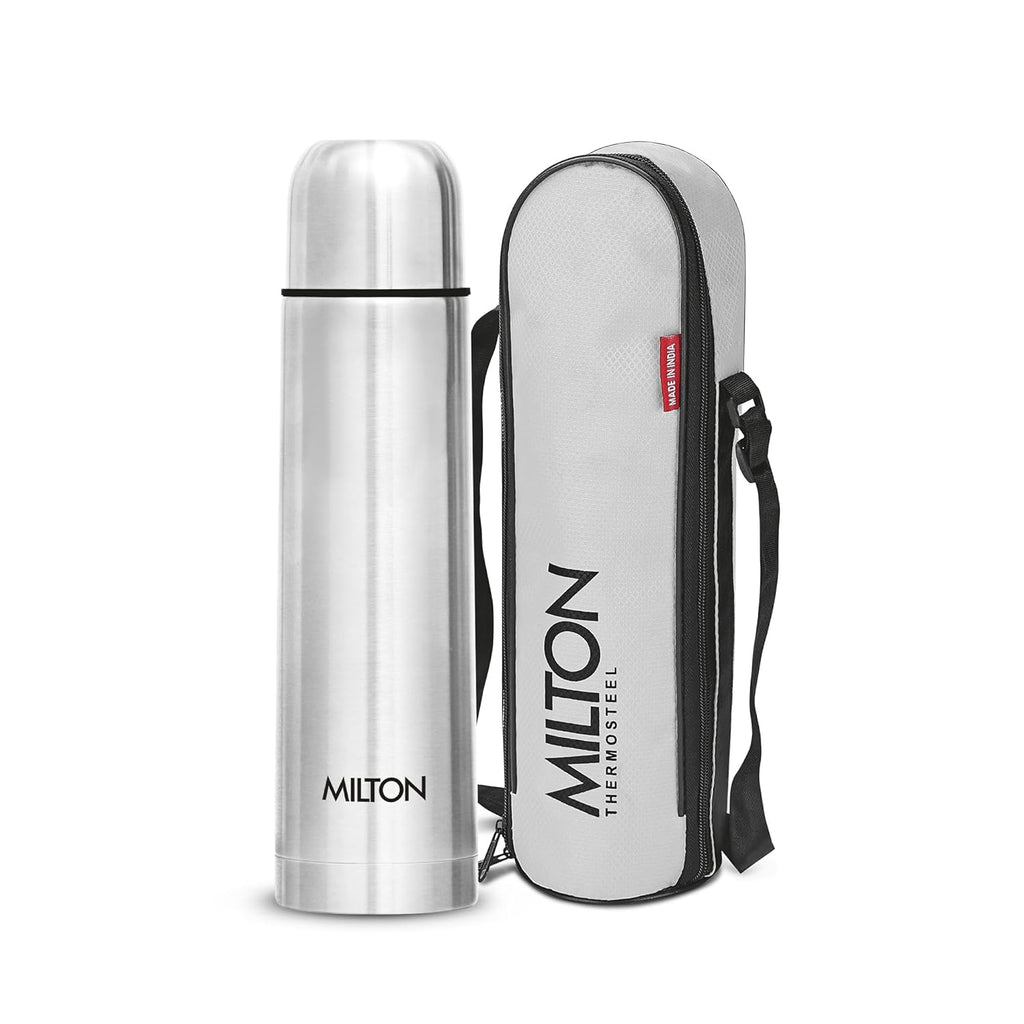 Milton Glassy 1000 Thermosteel Vacuum Insulated Double Walled Flask with Drinking Cup lid & Jacket, 1000 ml Water Bottles,24 Hours Hot & Cold,Easy to Carry,Rust Proof, Tea, Coffee,Travel Bottle,Grey