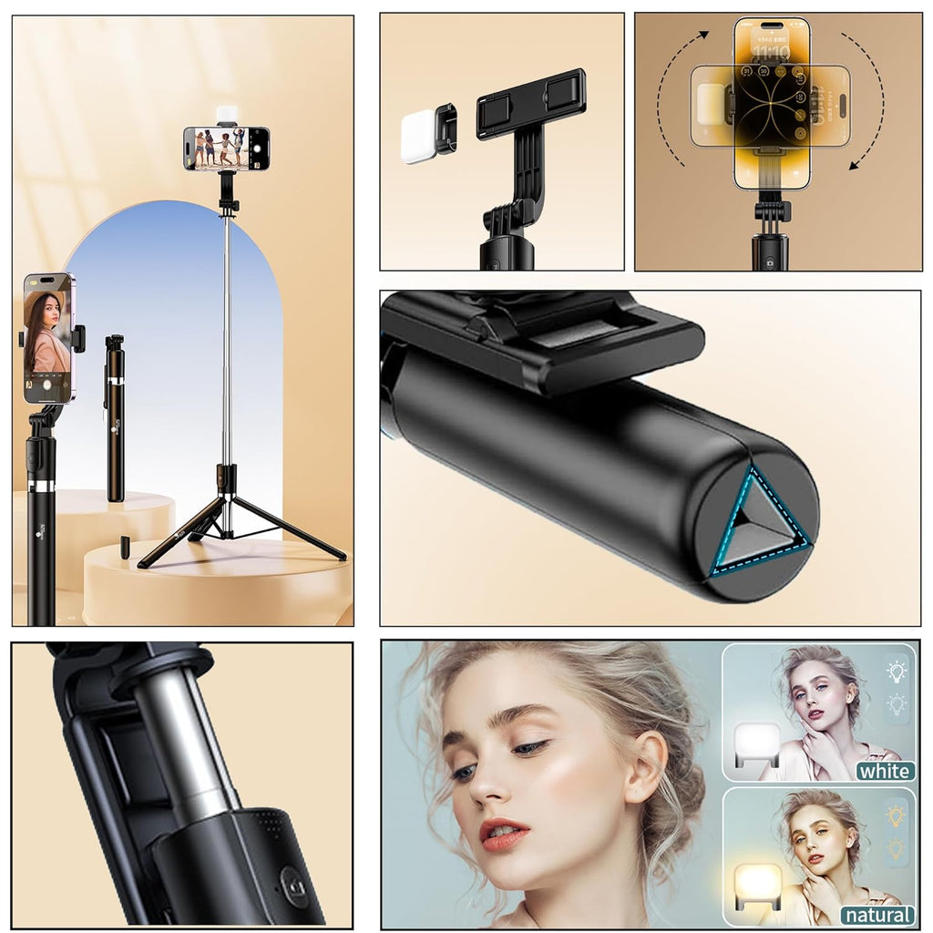 Kratos K9 Selfie Stick Tripod With Light, 67 inch /170CM Reinforced Tripod for Mobile Phone, Multi-Functional Bluetooth Long Selfie Stick for Travel,Vlogging,Compatible with iPhone and All Smartphones