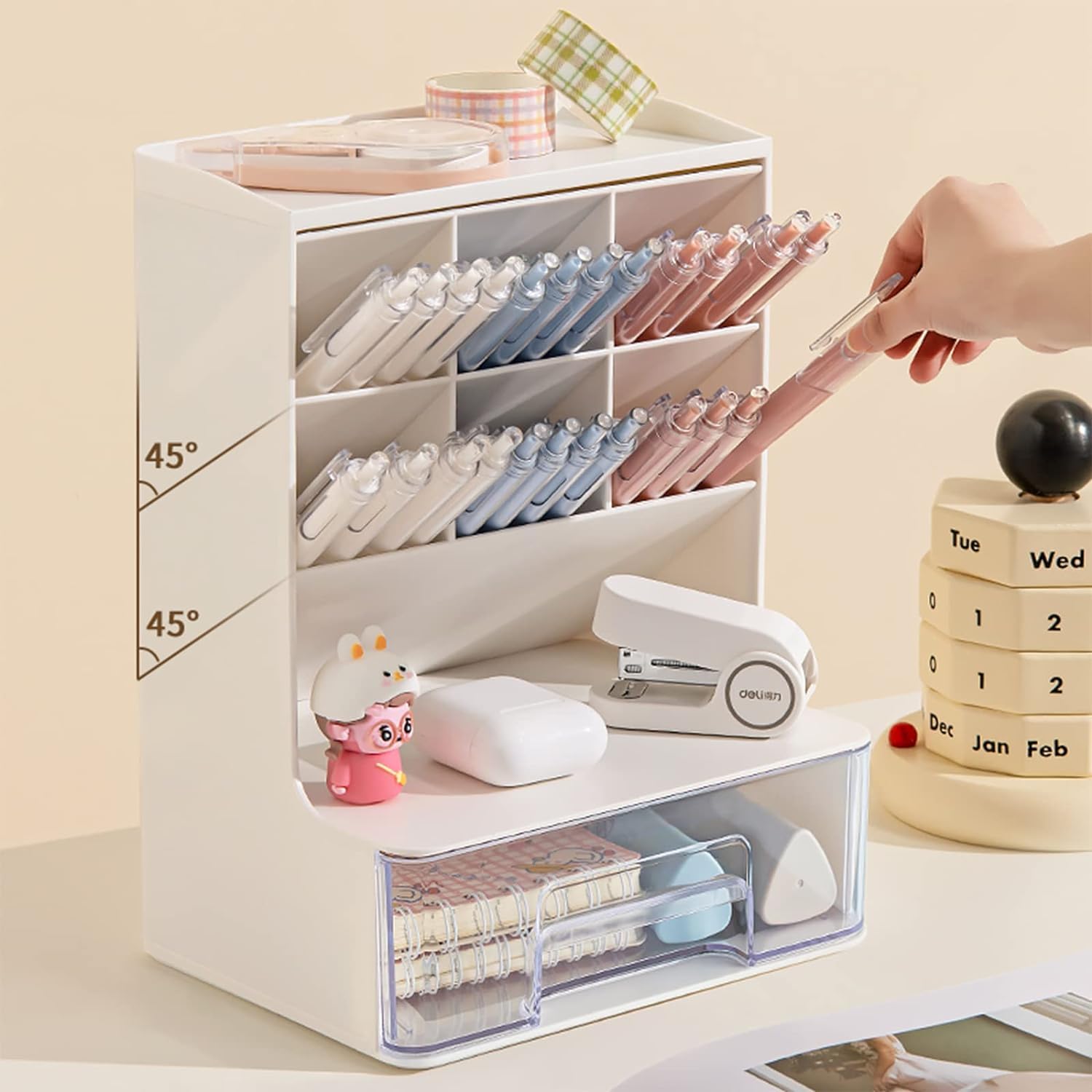 Home Cube Desk Organizer With Drawer Desktop Office Stationery Storage Box Desk Accessories Mobile Holder Table Organiser Study Table Desk Organizer (White) - Plastic