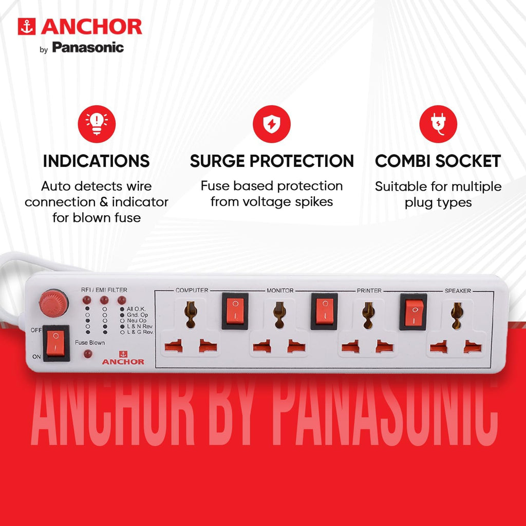 Anchor by Panasonic 4 way 6A Universal Socket with 3 Switch & 1 Master Switch | 4 Way Extension Board with 1.5 Mtr Extension Cord | Multi Plug Socket for Home Wall, Office (22568)