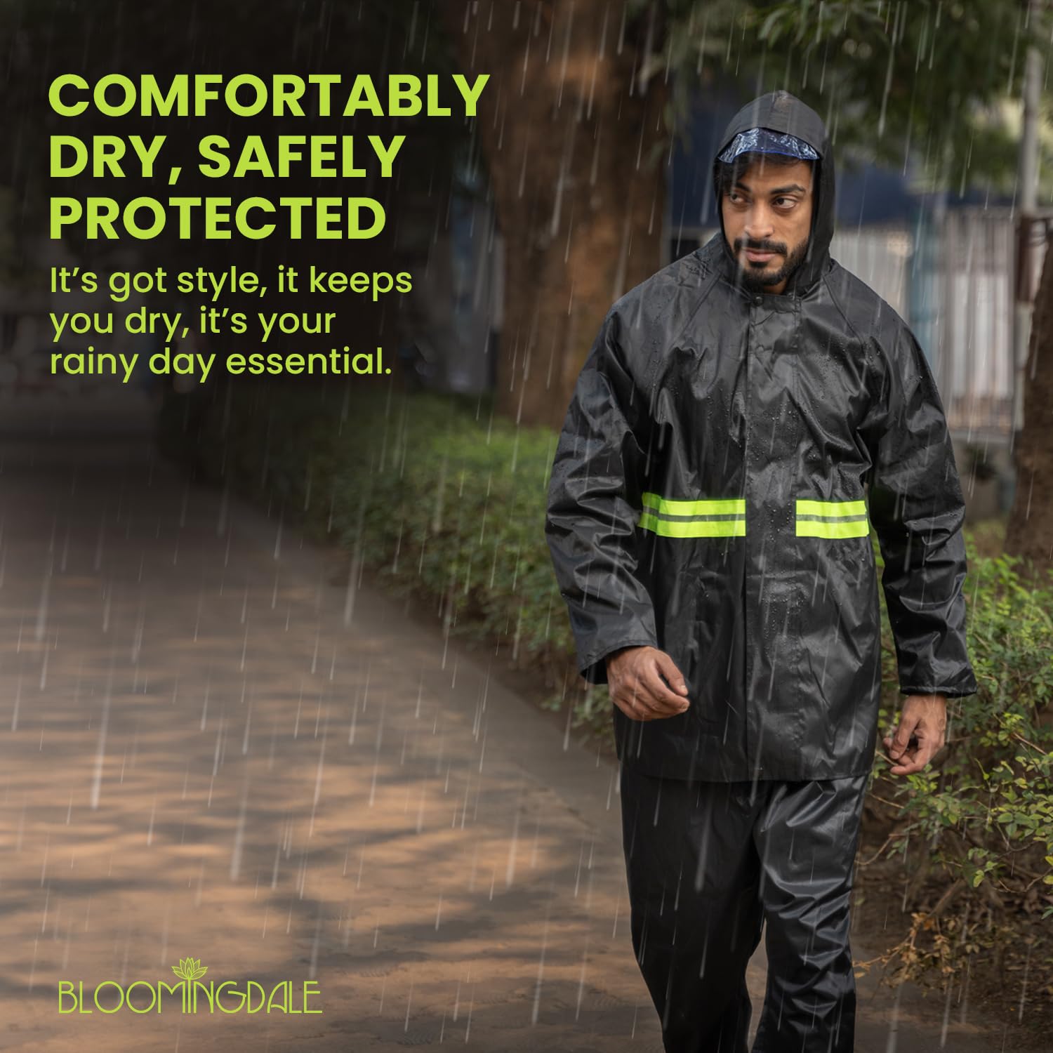 Bloomingdale Rain Coat For Men & Women Waterproof Bike Raincoat For Men With Pant Set Reflective Raincoat For Women, Boys & Girls Adjustable Top And Bottom Rain Coat For Women With Bag - Black