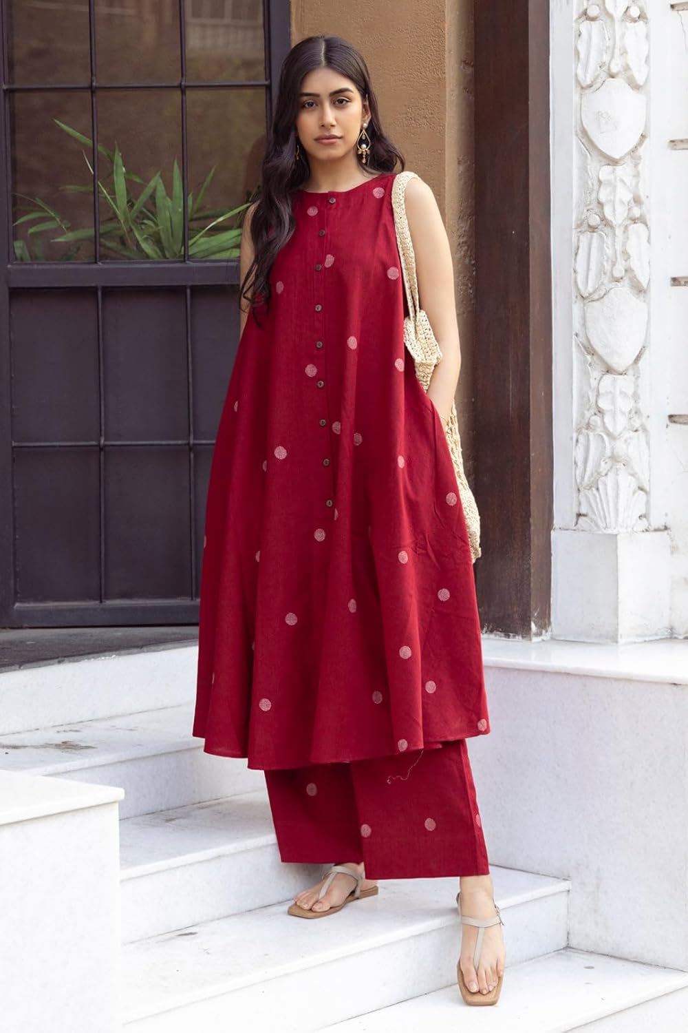 ANNI DESIGNER Women's Cotton Printed Maroon Hand-Print Kurta Set|A-Line Kurta With Palazzo|Co-Ord Set|Ethnic & Stylish Two Piece Dress|Casual & Office Wear Coord Set