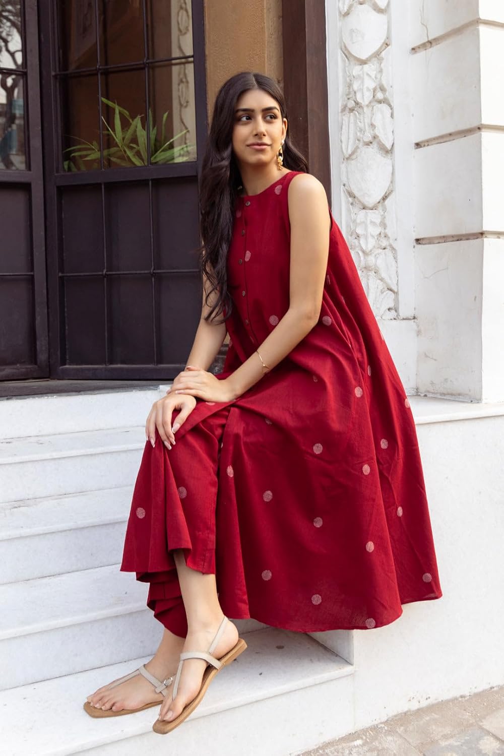 ANNI DESIGNER Women's Cotton Printed Maroon Hand-Print Kurta Set|A-Line Kurta With Palazzo|Co-Ord Set|Ethnic & Stylish Two Piece Dress|Casual & Office Wear Coord Set