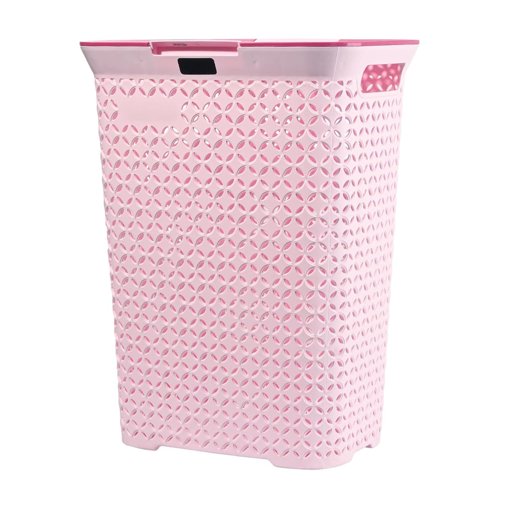 Kuber Industries 70 Ltrs Plastic Large Laundry Basket for Clothes with Lid | Multipurpose Storage Organiser for Home, Bedroom and Bathroom | Pale Pink