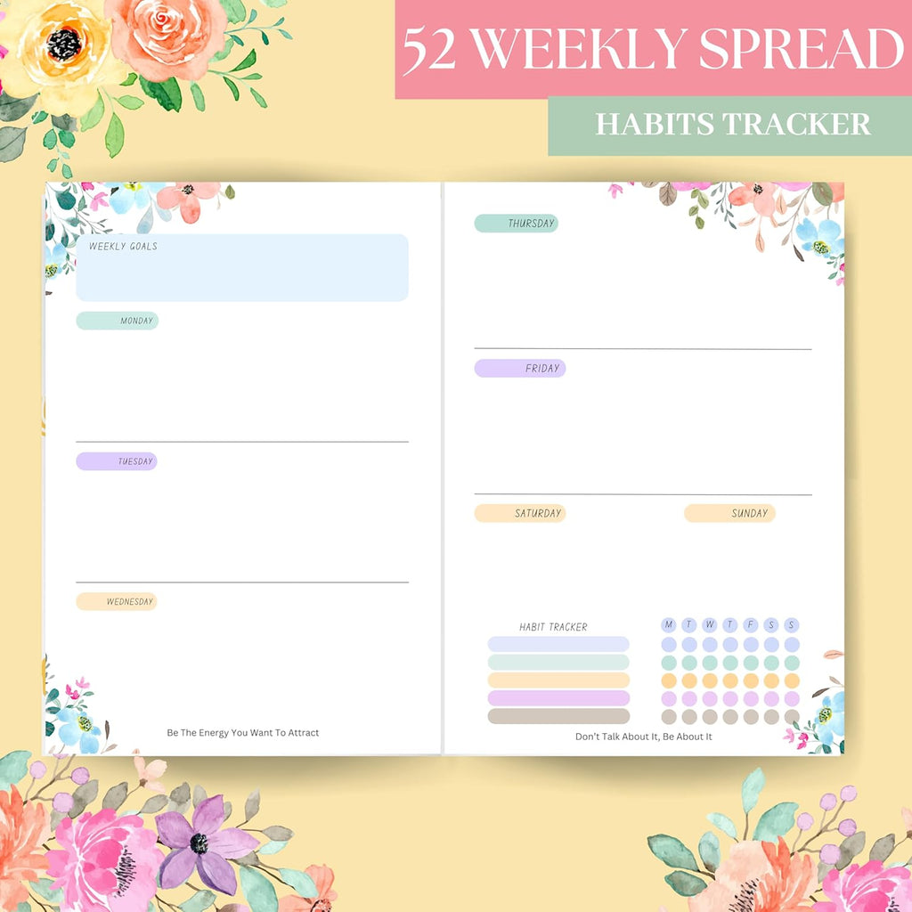 LAURET BLANC 12 Months Floral Undated Notebook Planner, 12 Monthly Spreads, 52 Weekly Spreads, Habit Tracker, Utility Pages, Paperback (The Best Is Yet To Come)