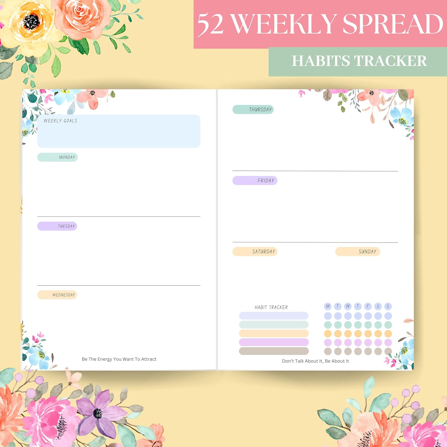 LAURET BLANC 12 Months Floral Undated Notebook Planner, 12 Monthly Spreads, 52 Weekly Spreads, Habit Tracker, Utility Pages, Paperback (The Best Is Yet To Come)