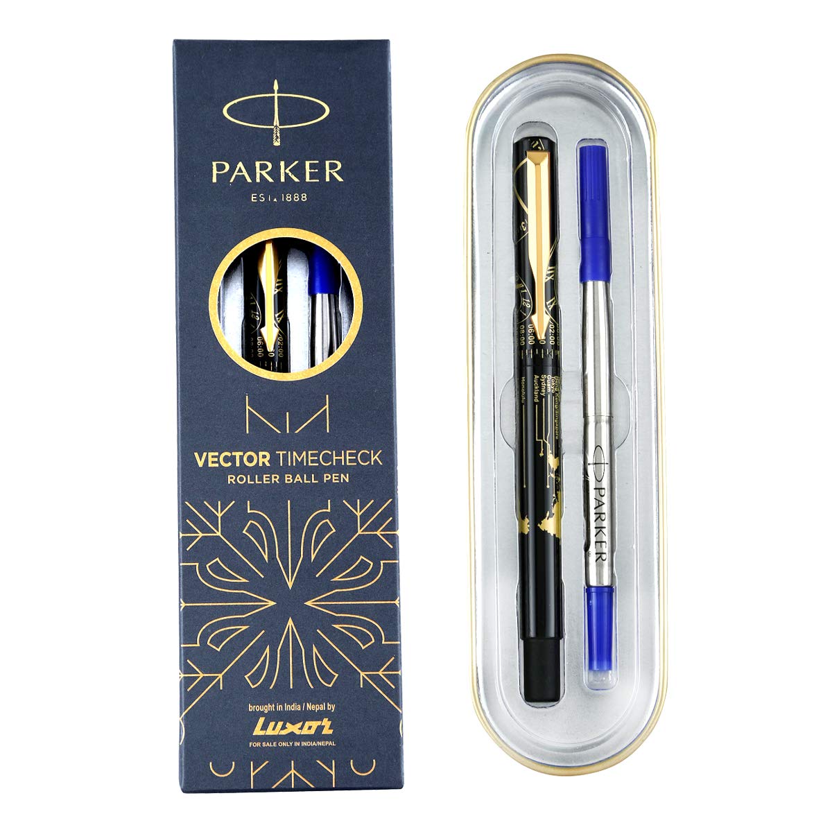 Parker Special Edition Vector Time Check Gold Trim Roller Ball Pen | Ink Color Blue | Navigator Technology | Moulded Cap & barrel in world wide time Zones