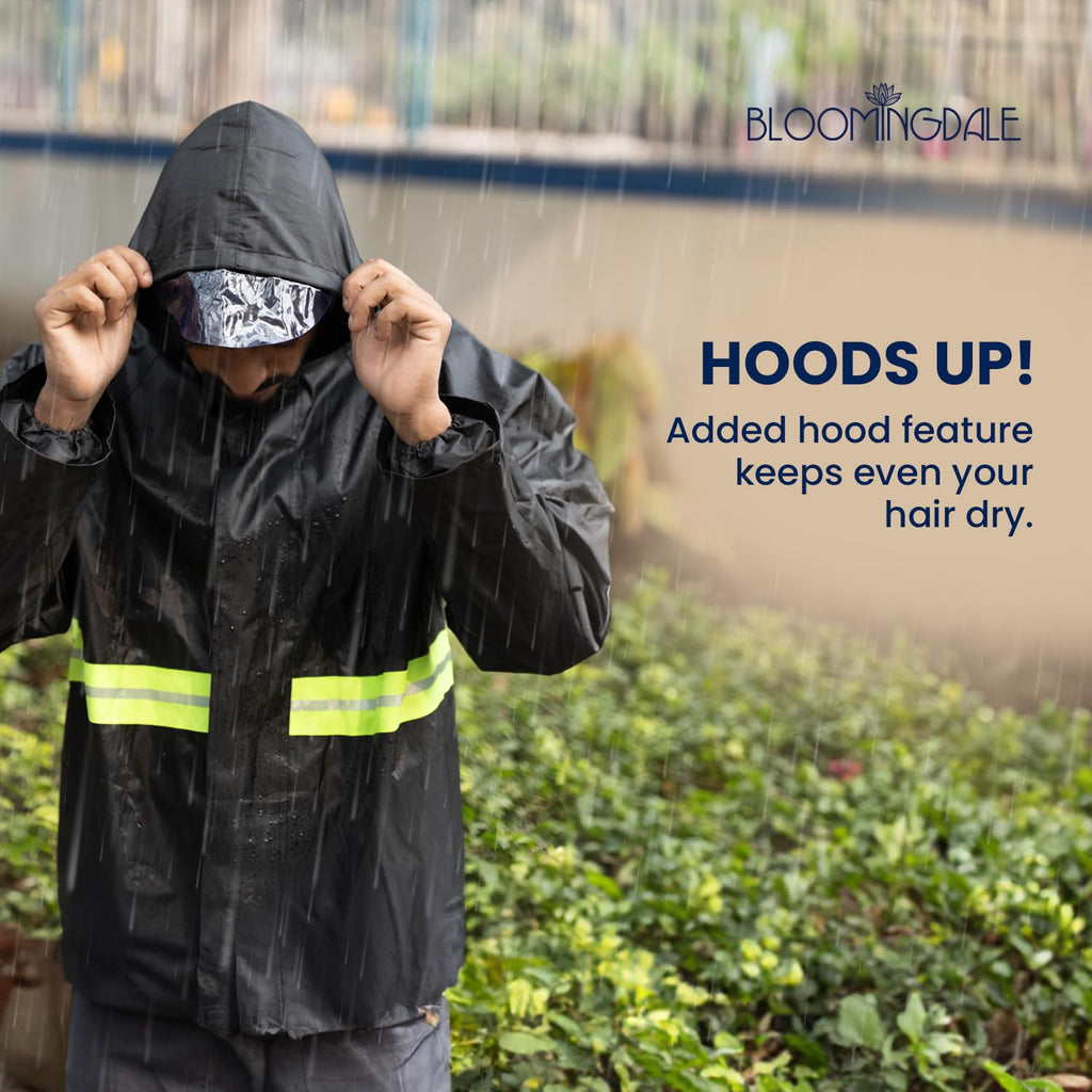 Bloomingdale Rain Coat For Men & Women Waterproof Bike Raincoat For Men With Pant Set Reflective Raincoat For Women, Boys & Girls Adjustable Top And Bottom Rain Coat For Women With Bag - Black