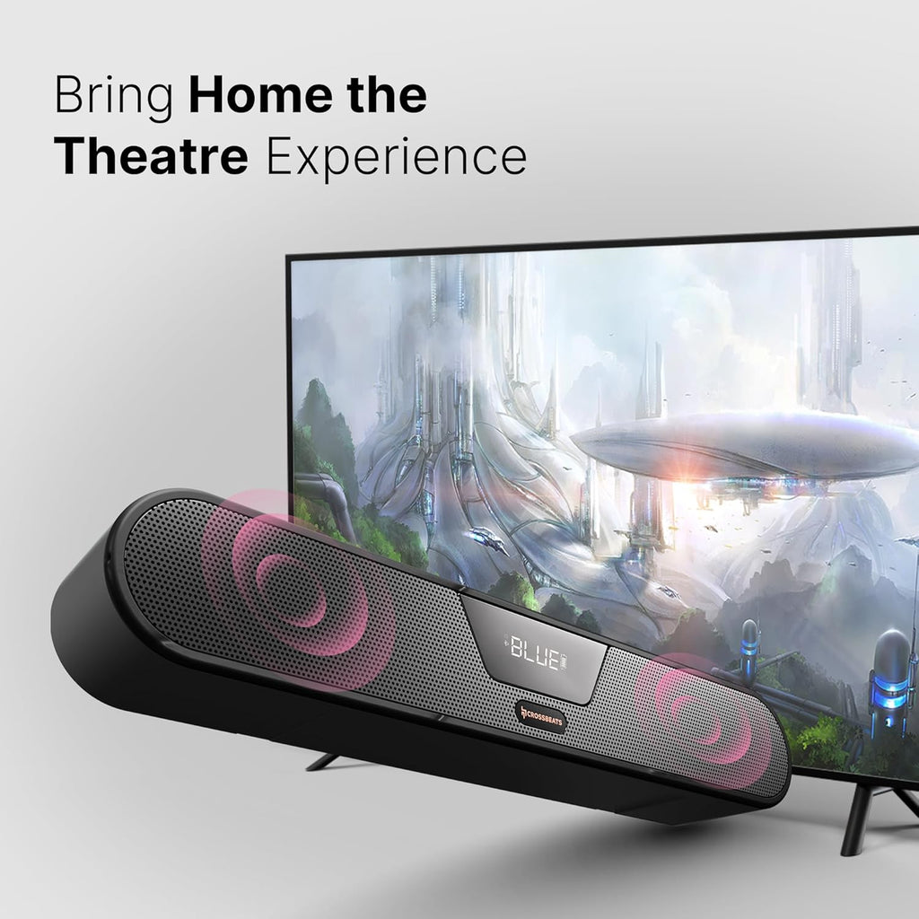 CrossBeats Blaze B24 Bluetooth Soundbar 24W, Gaming RGB Lights, AUX, Bluetooth, USB, FM & TWS I Fast SnapCharge Battery, Multiport Connectivity, BT Speaker for TV, Mobile, PC, Laptops, Tablets Black