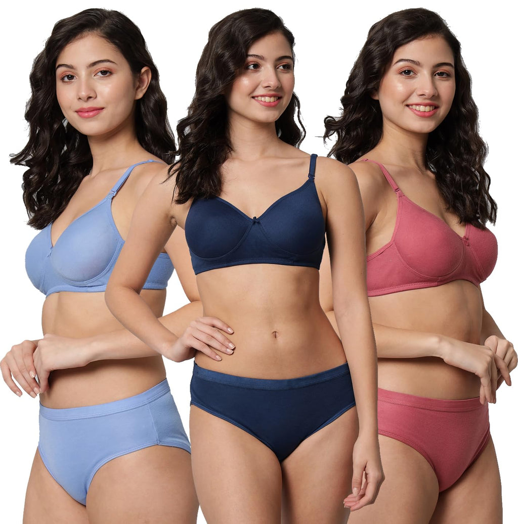 BRIELLE Women's Lingerie Set with Full Coverage Padded Women Cotton Bra Panty Set Sexy Bra Panty Set Pack of 3 Sets