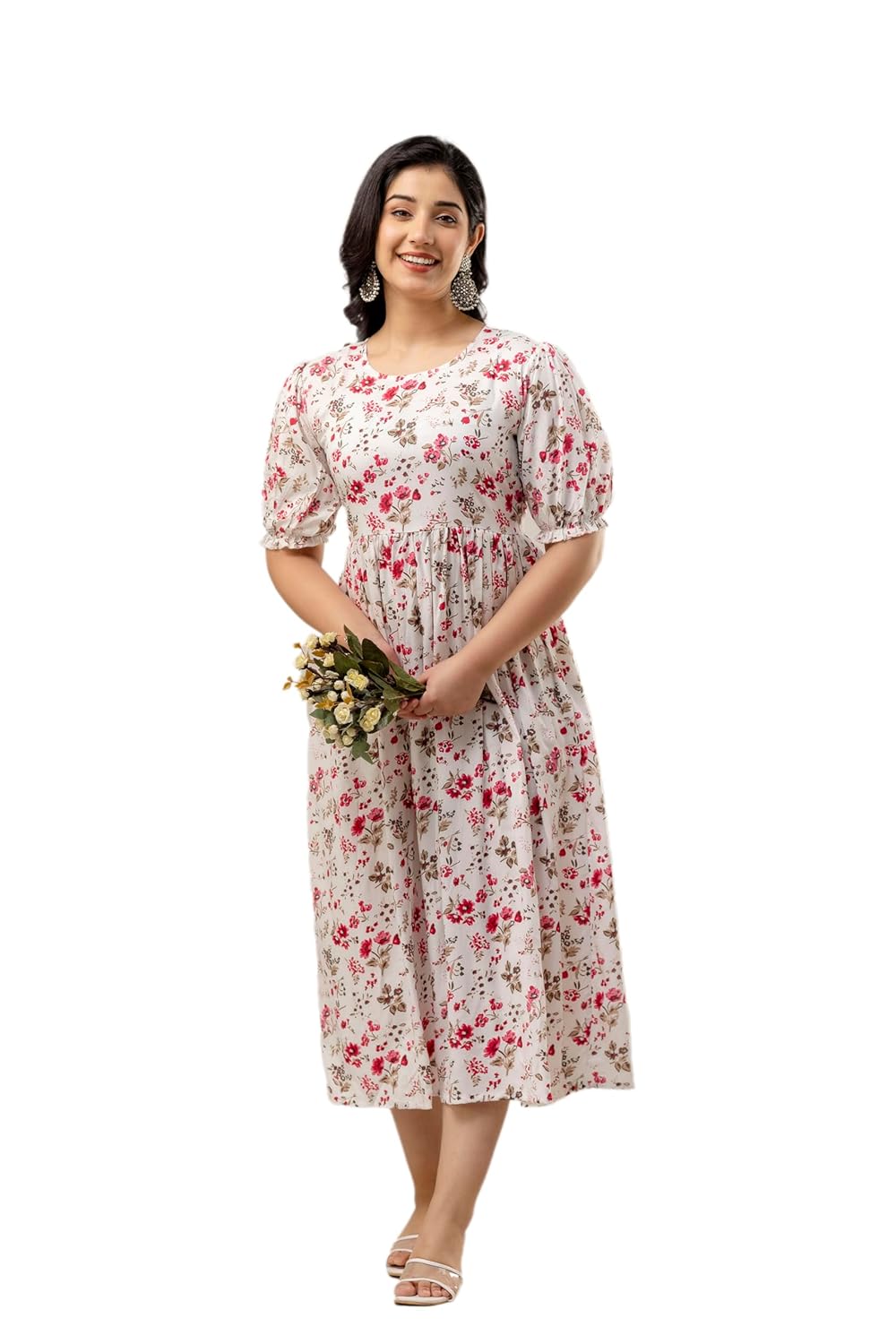 Somick Women's Rayon Floral Printed Indo-Western Ethnic Gown Half Sleeve V Neck Fit & Flare Flared Hem Design || A-Line Maxi Dress Casual Wear