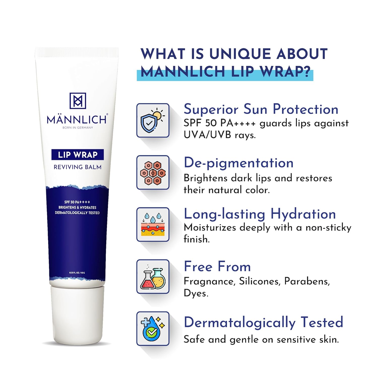 Mannlich Lip Balm For Men (10G) Lip Care With Spf 50 Pa++++ Protection - Lip Lightening For Dry & Chapped Lips - Moisturizes, Long-Lasting Hydration With 2% Kojic Acid & 1% Hyaluronic Acid, white