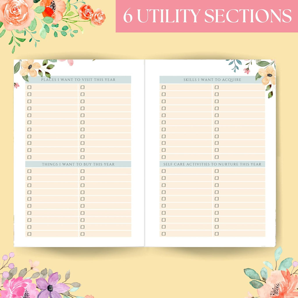 LAURET BLANC 12 Months Floral Undated Notebook Planner, 12 Monthly Spreads, 52 Weekly Spreads, Habit Tracker, Utility Pages, Paperback (The Best Is Yet To Come)