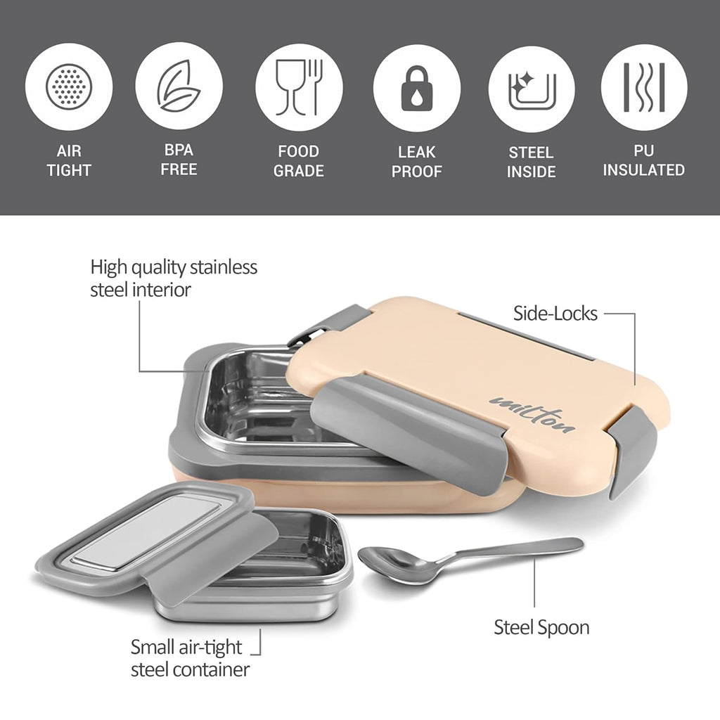 MILTON More Meal Large Kids Lunch Box Steel Insulated Inner Stainless Steel Containers with Clip Lock Lid, 770ml & 175 ml, Airtight Leakproof Kids Lunch Box, for School, Picnic, Ivory
