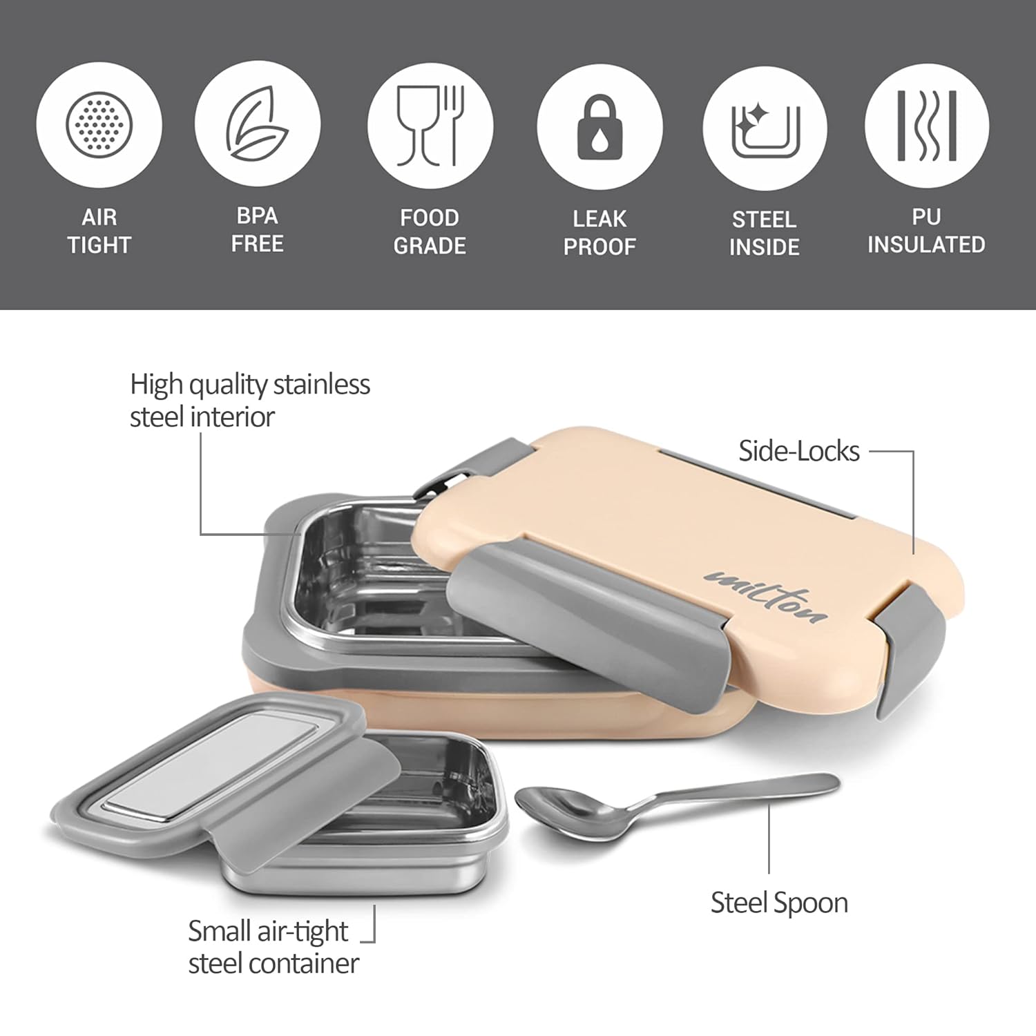 MILTON More Meal Large Kids Lunch Box Steel Insulated Inner Stainless Steel Containers with Clip Lock Lid, 770ml & 175 ml, Airtight Leakproof Kids Lunch Box, for School, Picnic, Ivory