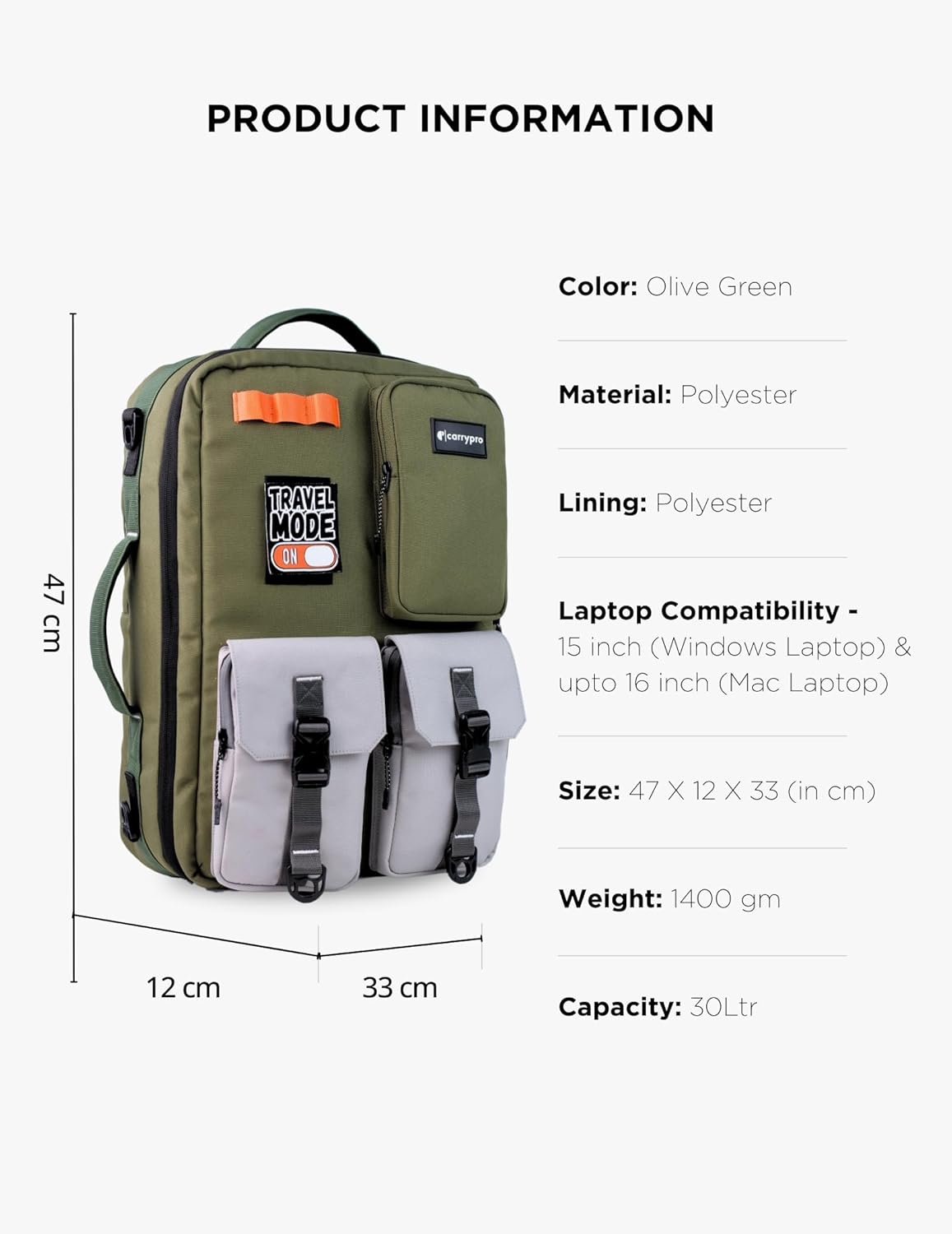 CarryPro 30L Overnighter Duffle Backpack – Fits 15.6” Laptop | 2-Way Carry with 180° Easy Access | Water-Resistant Travel Bag with Raincover, Sling Belt & 5 Bonus Velcro Stickers | 2-Year Warranty