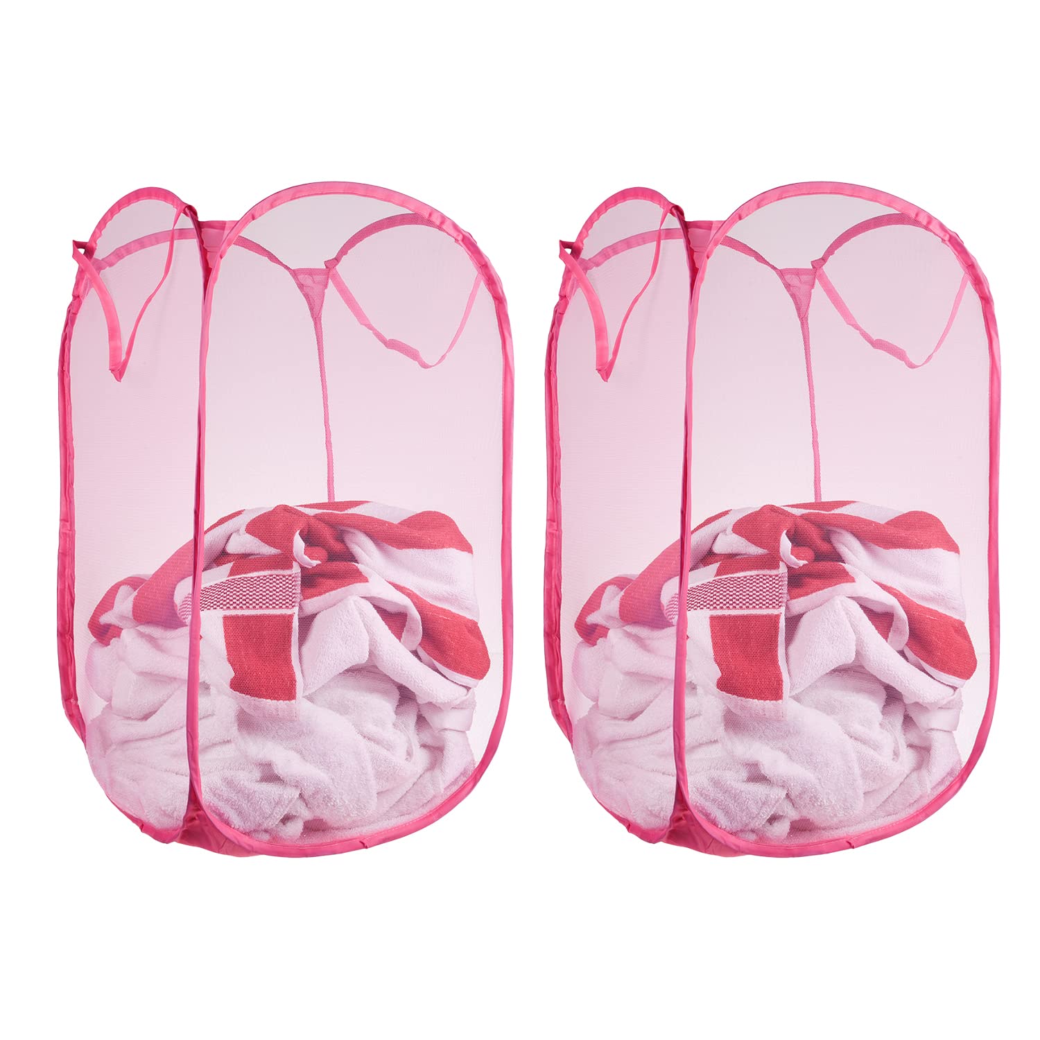 Kuber Industries Laundry Basket | Net Foldable Laundry | Nylon Storage Basket with Handle | Clothes Basket for Home | Hostel | Toy Storage | 20 Liter | Pack of 2 | Pink