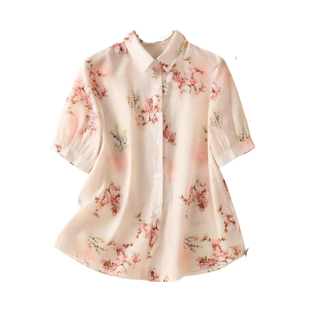 Gufrina Women's Cream Floral Printed Western Shirt with Button Down Front, Short Puff Sleeves and Relaxed Fit Silhouette