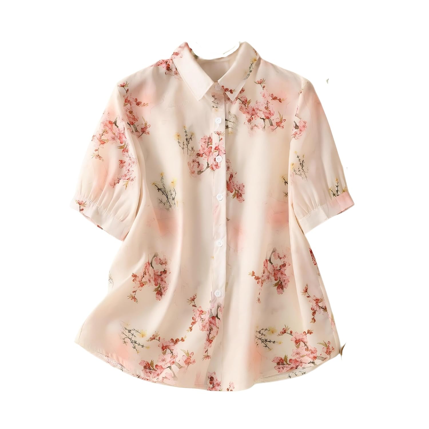 Gufrina Women's Cream Floral Printed Western Shirt with Button Down Front, Short Puff Sleeves and Relaxed Fit Silhouette