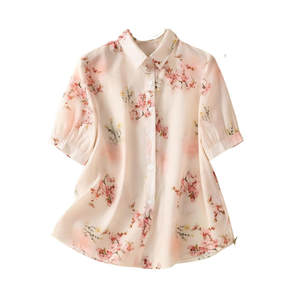 Gufrina Women's Cream Floral Printed Western Shirt with Button Down Front, Short Puff Sleeves and Relaxed Fit Silhouette