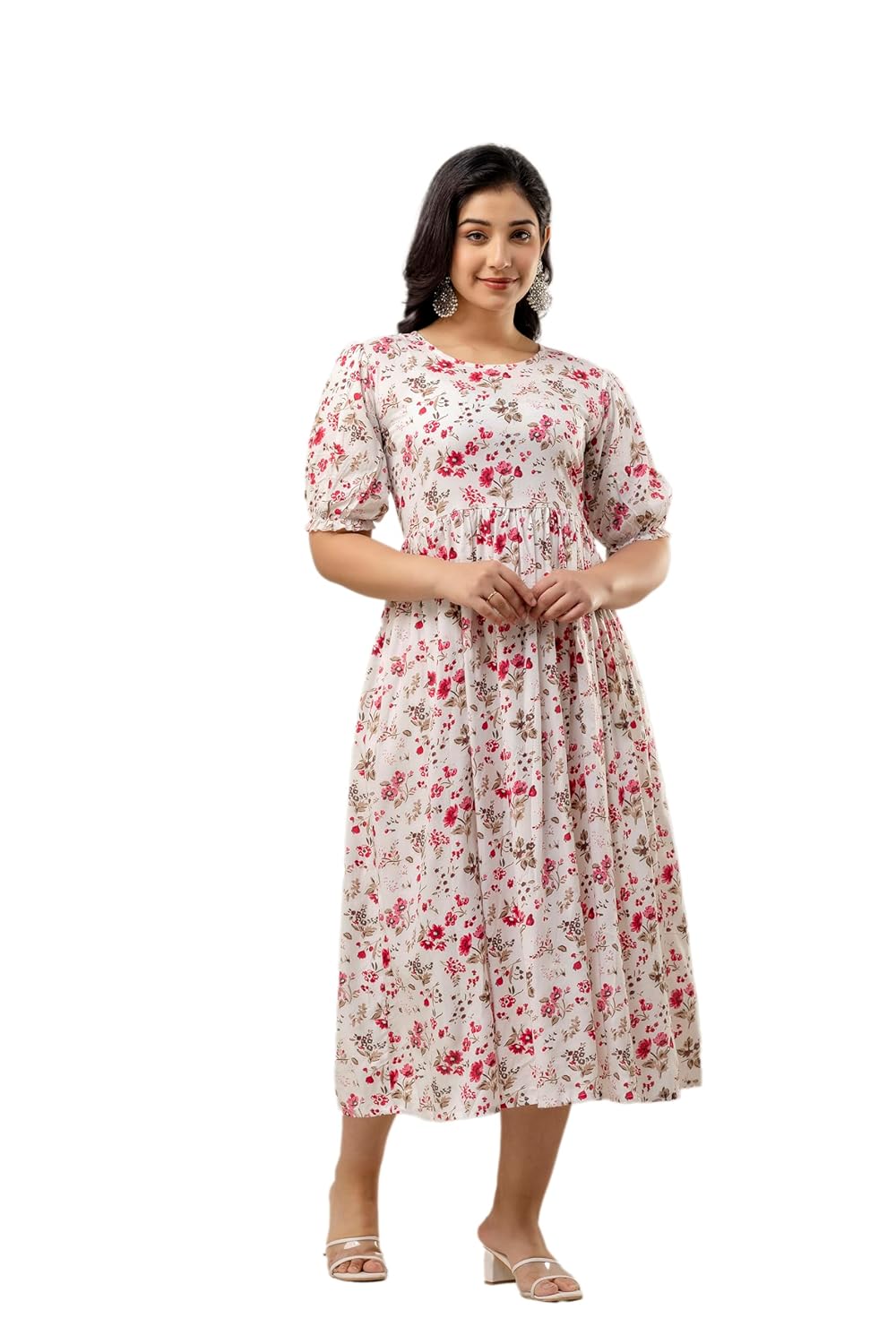Somick Women's Rayon Floral Printed Indo-Western Ethnic Gown Half Sleeve V Neck Fit & Flare Flared Hem Design || A-Line Maxi Dress Casual Wear