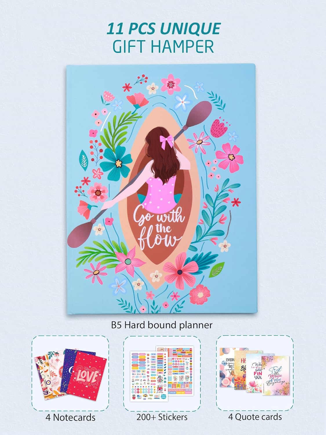 DOODLE B5 Undated Yearly Planner - Start Anytime of the Year | 208 Pages | 12 Monthly Planners | 16 Activity Pages | 240 Sticker | 4 Notecards | 4 Quote Cards - (Flowing Thoughts)