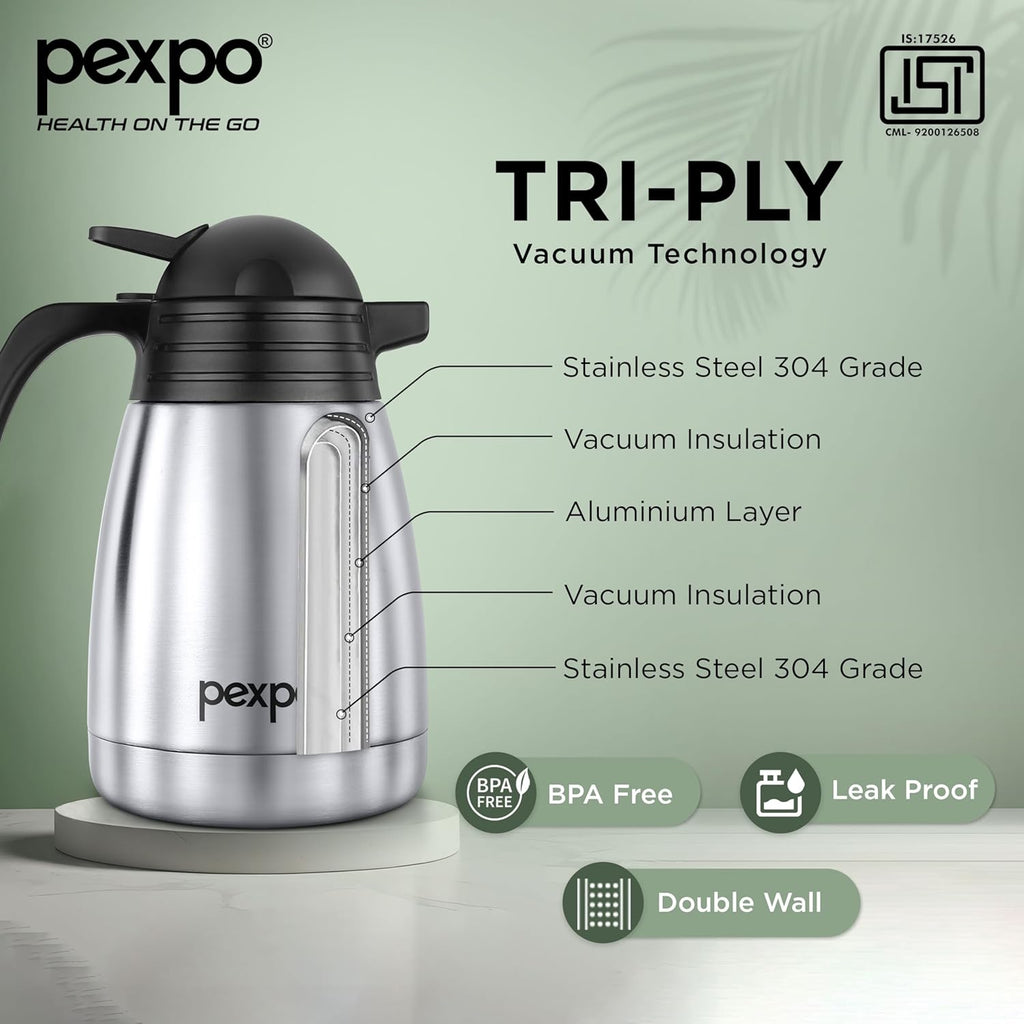 Pexpo Cosmo Pro ISI Certified Stainless Steel Insulated Carafe - 1000ml | Double Wall Vacuum Flask | Heat & Cold Retention | Easy to Carry | for Kitchen, Office, Restaurants, RCB Edition - Silver