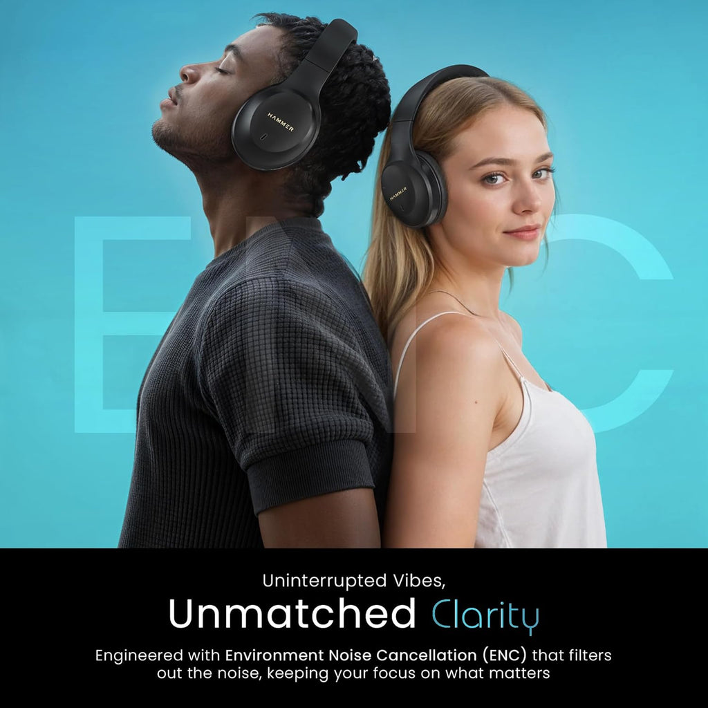 HAMMER Vibe ENC Bluetooth Headphone, 40mm Driver, Dual Pairing, 50hrs Playtime, Voice Assistant, BT V5.4, Game Mode, Soft Cushions, Lightweight Headphones for Music, Gaming and Calls (Black)
