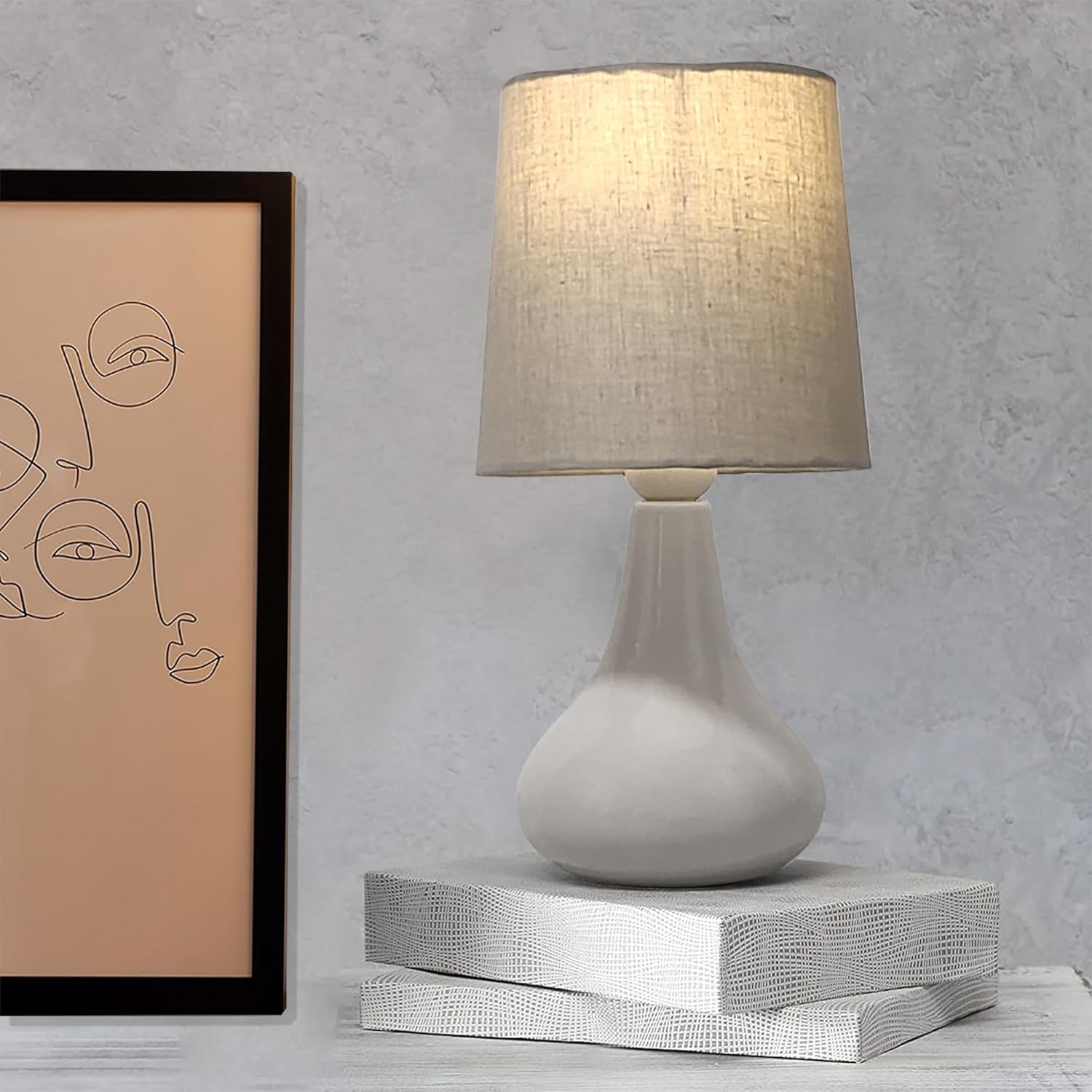 Homesake Modern Small Ceramic LED Table Lamp, Classic Bedside Desk Lamp for Living Room Bedroom, Farmhouse Nightstand Lamps with Fabric Shade (Gray)