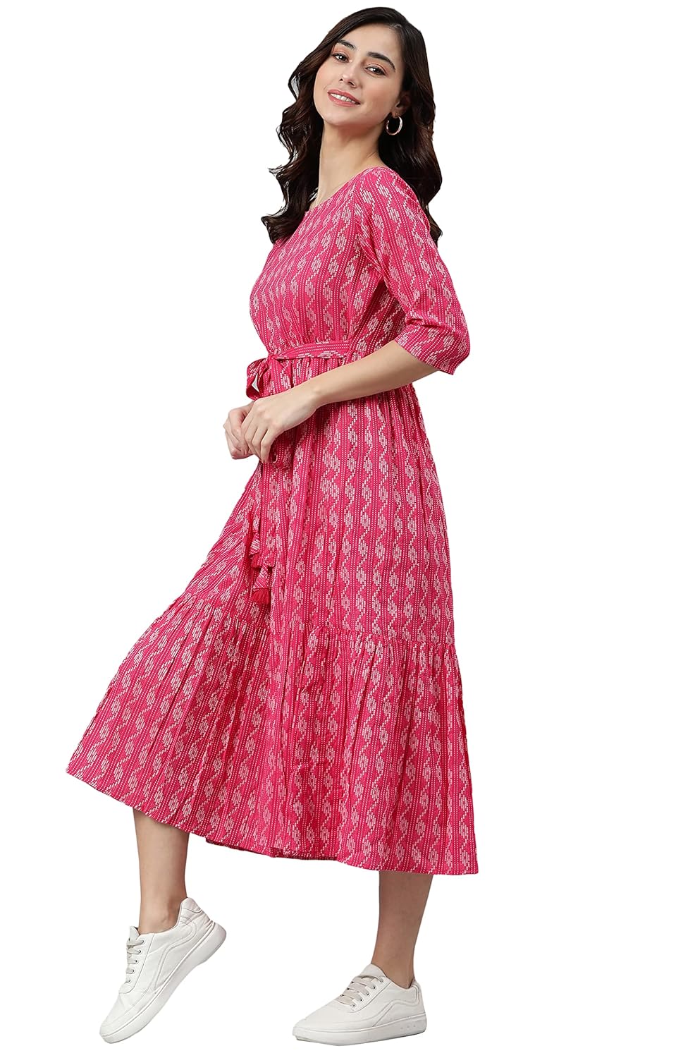 Janasya Women's Fit and Flare Calf Length Pure Cotton Woven Design Flared Western Dress
