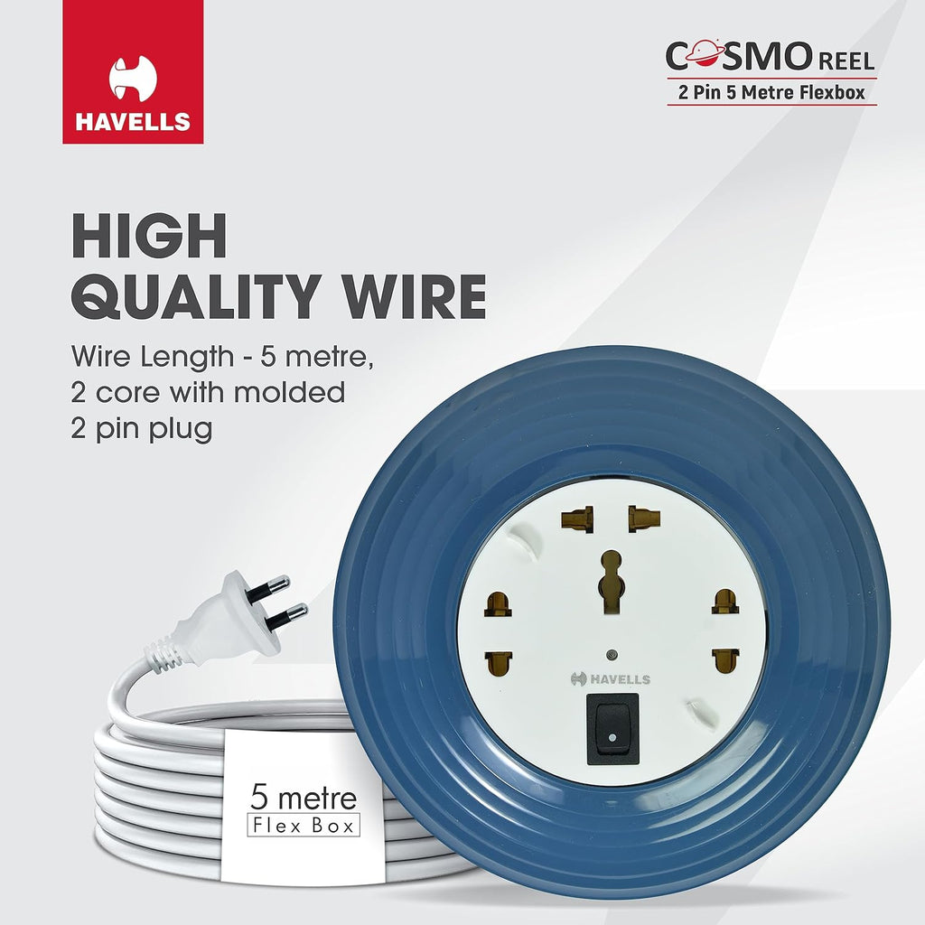 Havells Cosmo Reel| Extension Board - 5 Mtr ISI Marked Cable|3 Pin & 2x2 Pins Universal Sockets with Master Switch| LED Indicator| 6A,1440 Watts, 240 Volts| Ultra-Smooth Rotation, Blue