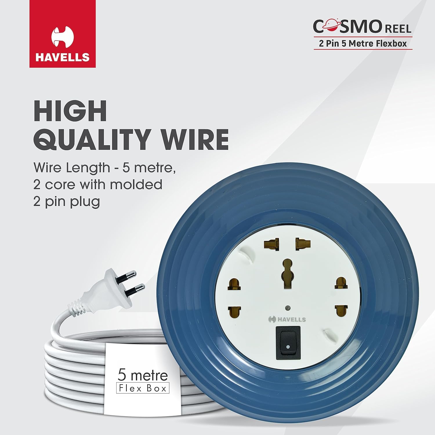 Havells Cosmo Reel| Extension Board - 5 Mtr ISI Marked Cable|3 Pin & 2x2 Pins Universal Sockets with Master Switch| LED Indicator| 6A,1440 Watts, 240 Volts| Ultra-Smooth Rotation, Blue