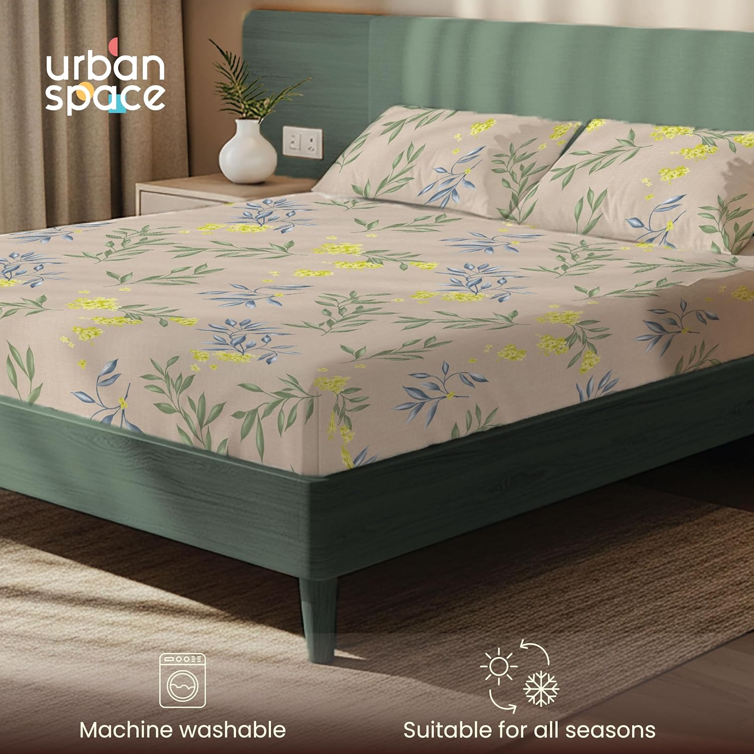 Urban Space Printed Bedsheet for Double Bed with 2 Pillow Covers, Glaced Cotton Microfiber Queen Size Bedsheet, Soft-Breathable Wrinkel Free Bedsheet (90 x 100 Inches - Camellia)