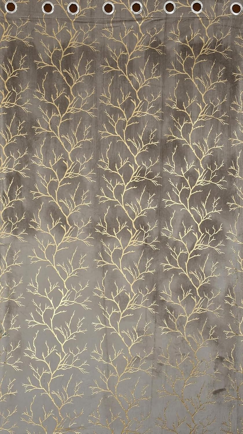 Galaxy Home Decor Premium Foil Leaf Print Velvet Fabric Curtains for Window 5 Feet, Pack of 1, Grey