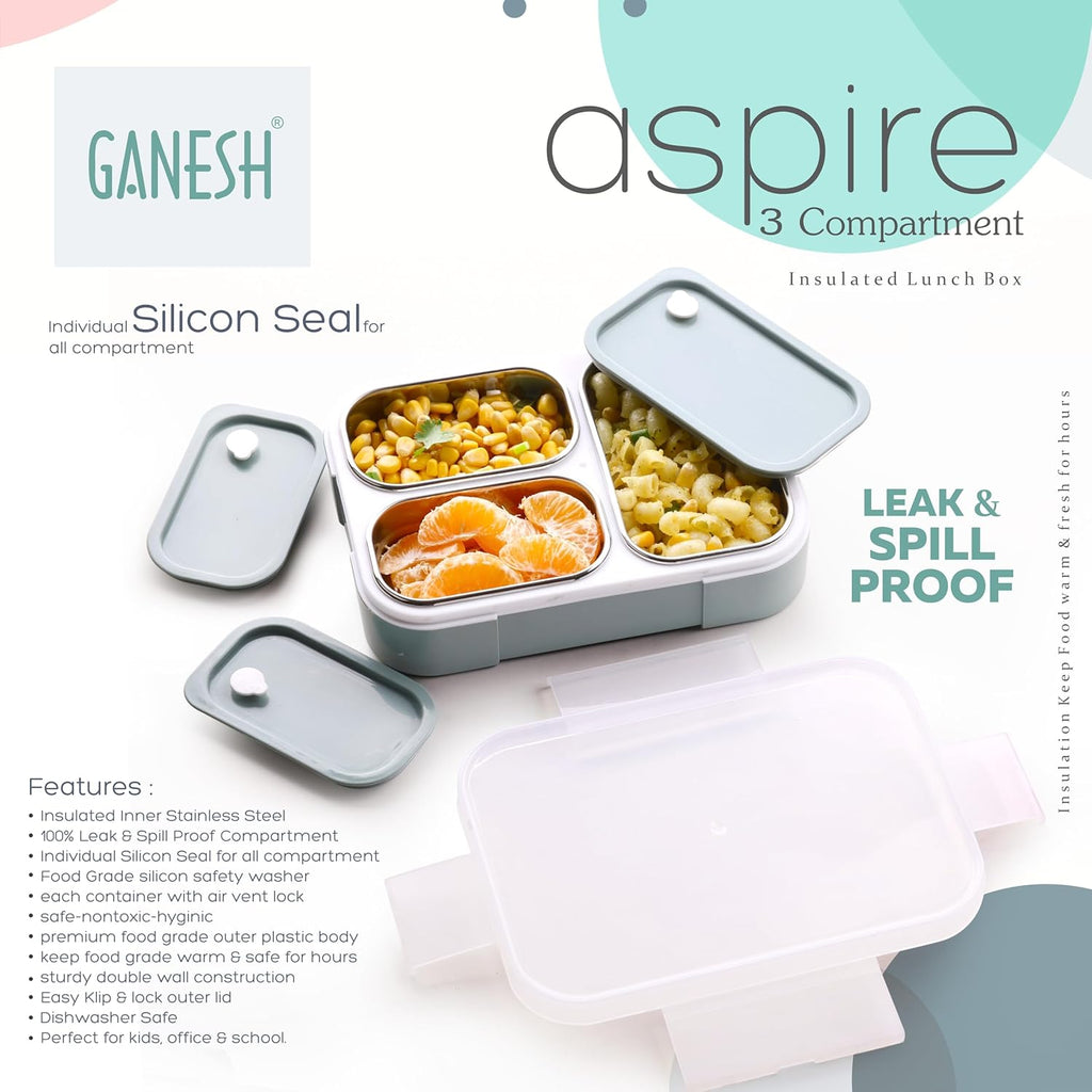 GANESH Aspire 3 Compartment Stainless Steel Lunch Box Sealed Leakage Proof Lunch Box for Office School etc 800ml-Brown