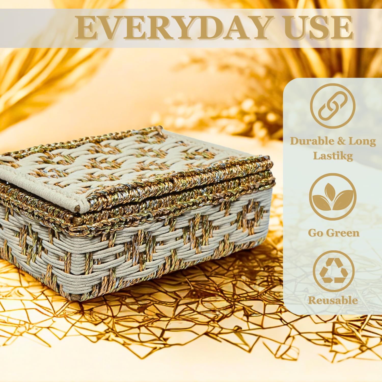 White & Golden Gift Box | Decorative Storage Box with Lid | Handwoven Gold & White | Multipurpose Organizer for Jewelry/Gift Box | Basket for Home & Office