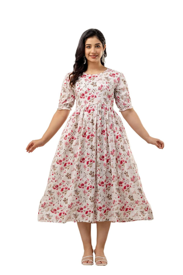 Somick Women's Rayon Floral Printed Indo-Western Ethnic Gown Half Sleeve V Neck Fit & Flare Flared Hem Design || A-Line Maxi Dress Casual Wear