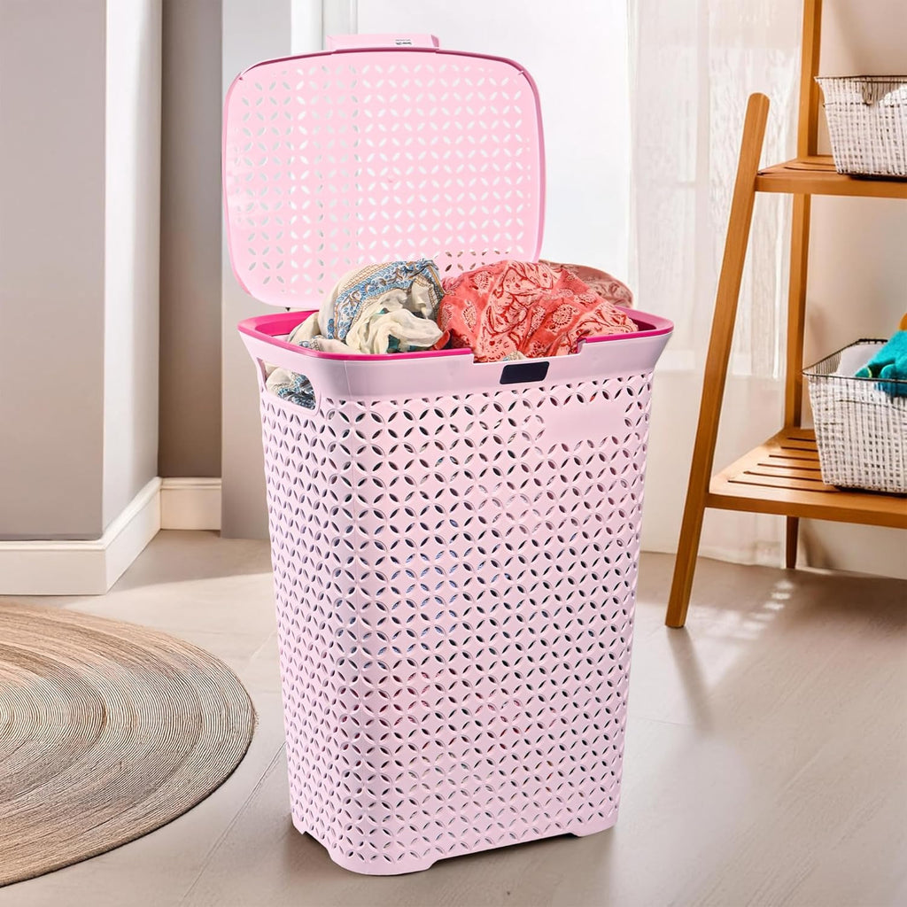 Kuber Industries 70 Ltrs Plastic Large Laundry Basket for Clothes with Lid | Multipurpose Storage Organiser for Home, Bedroom and Bathroom | Pale Pink