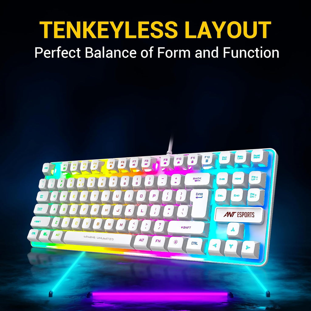 Ant Esports MK700 V2 Membrane TKL Wired Gaming Keyboard, 87 UV Coated Mechanical feel Keys Cool RGB Backlight Waterproof Keyboard for PC Laptop Mobile Tablets Gaming, Design and Work Mercury White