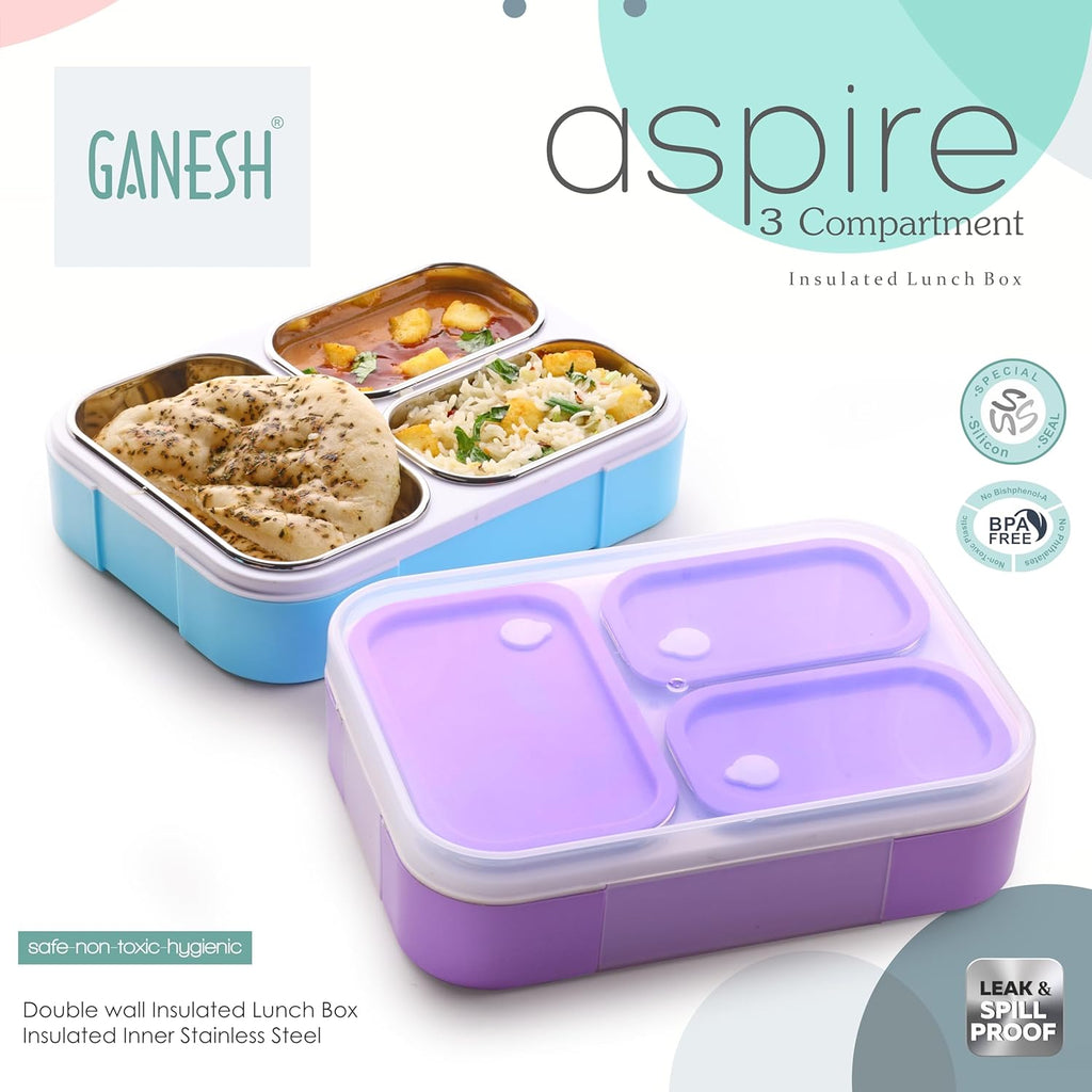 GANESH Aspire 3 Compartment Stainless Steel Lunch Box Sealed Leakage Proof Lunch Box for Office School etc 800ml-Brown