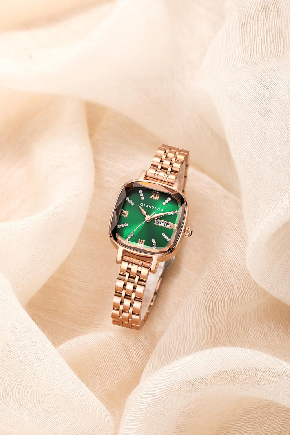 Giordano Elegant Square Rose Gold Watch for Women – Crystal & Roman Hour Markers, Day-Date Display, Stainless Steel Strap