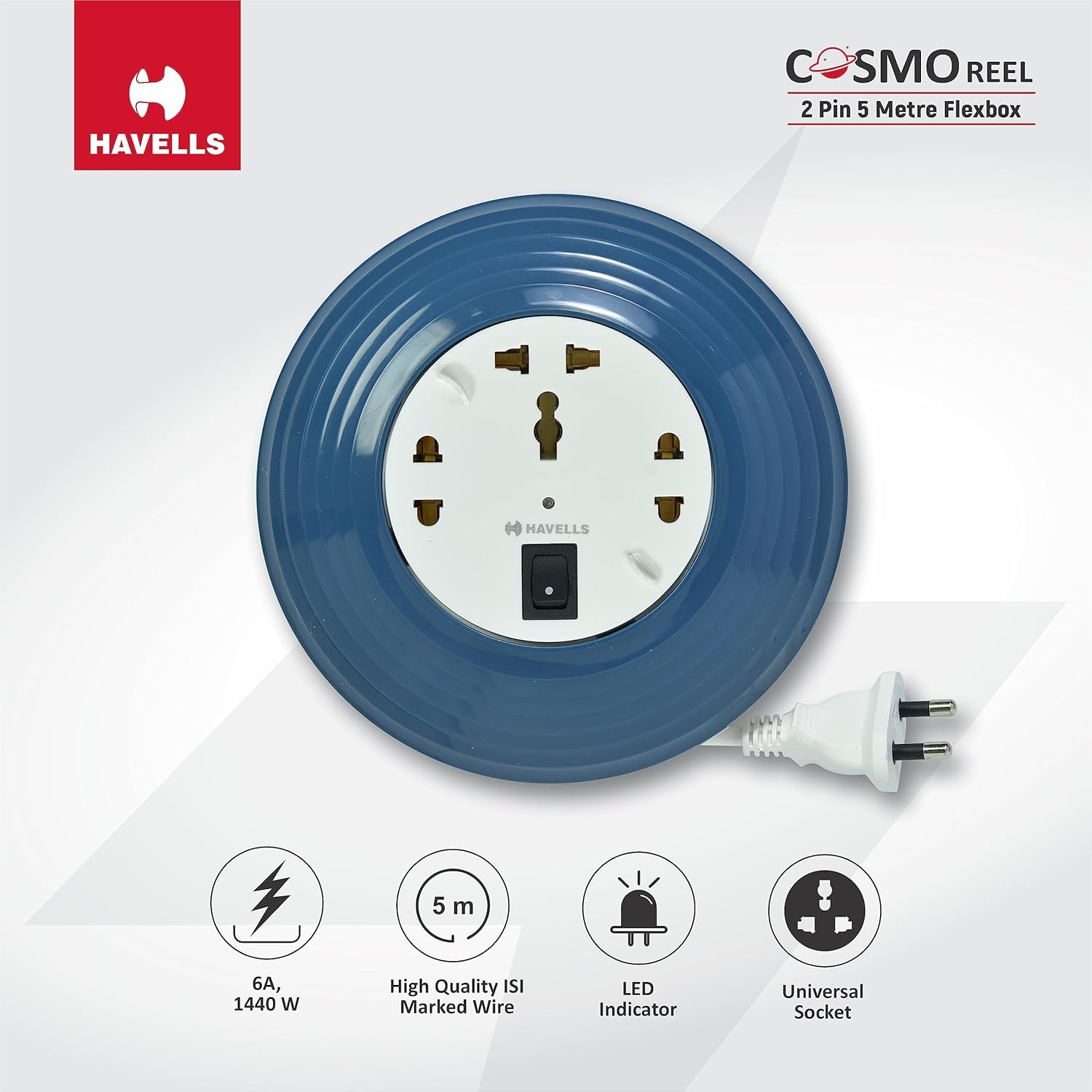 Havells Cosmo Reel| Extension Board - 5 Mtr ISI Marked Cable|3 Pin & 2x2 Pins Universal Sockets with Master Switch| LED Indicator| 6A,1440 Watts, 240 Volts| Ultra-Smooth Rotation, Blue