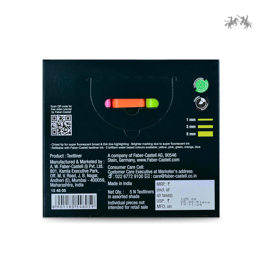 Faber-Castell Textliner Pen Set – Pack of 5 Assorted Colours | Refillable Markers for Study, Journaling & Doodling | Stationery Essential for Students