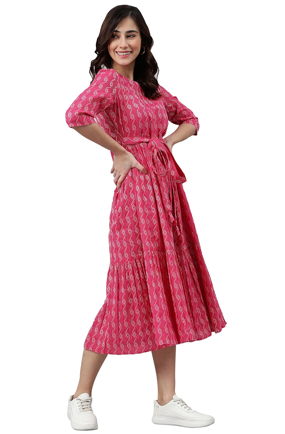 Janasya Women's Fit and Flare Calf Length Pure Cotton Woven Design Flared Western Dress