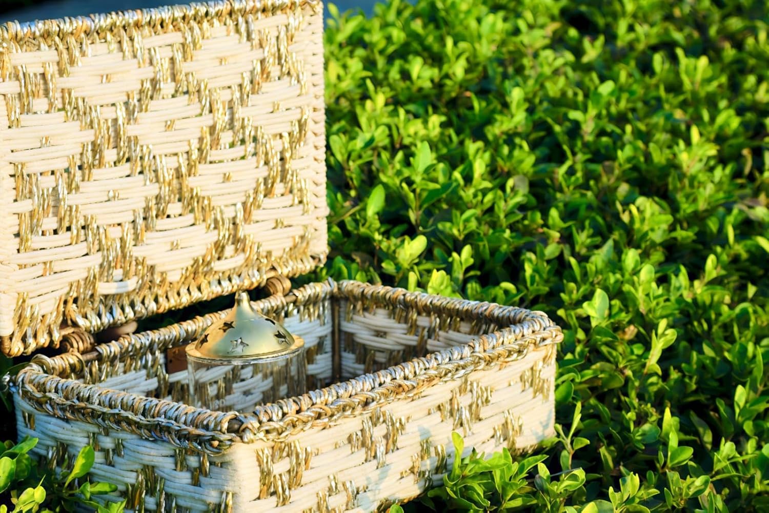 White & Golden Gift Box | Decorative Storage Box with Lid | Handwoven Gold & White | Multipurpose Organizer for Jewelry/Gift Box | Basket for Home & Office